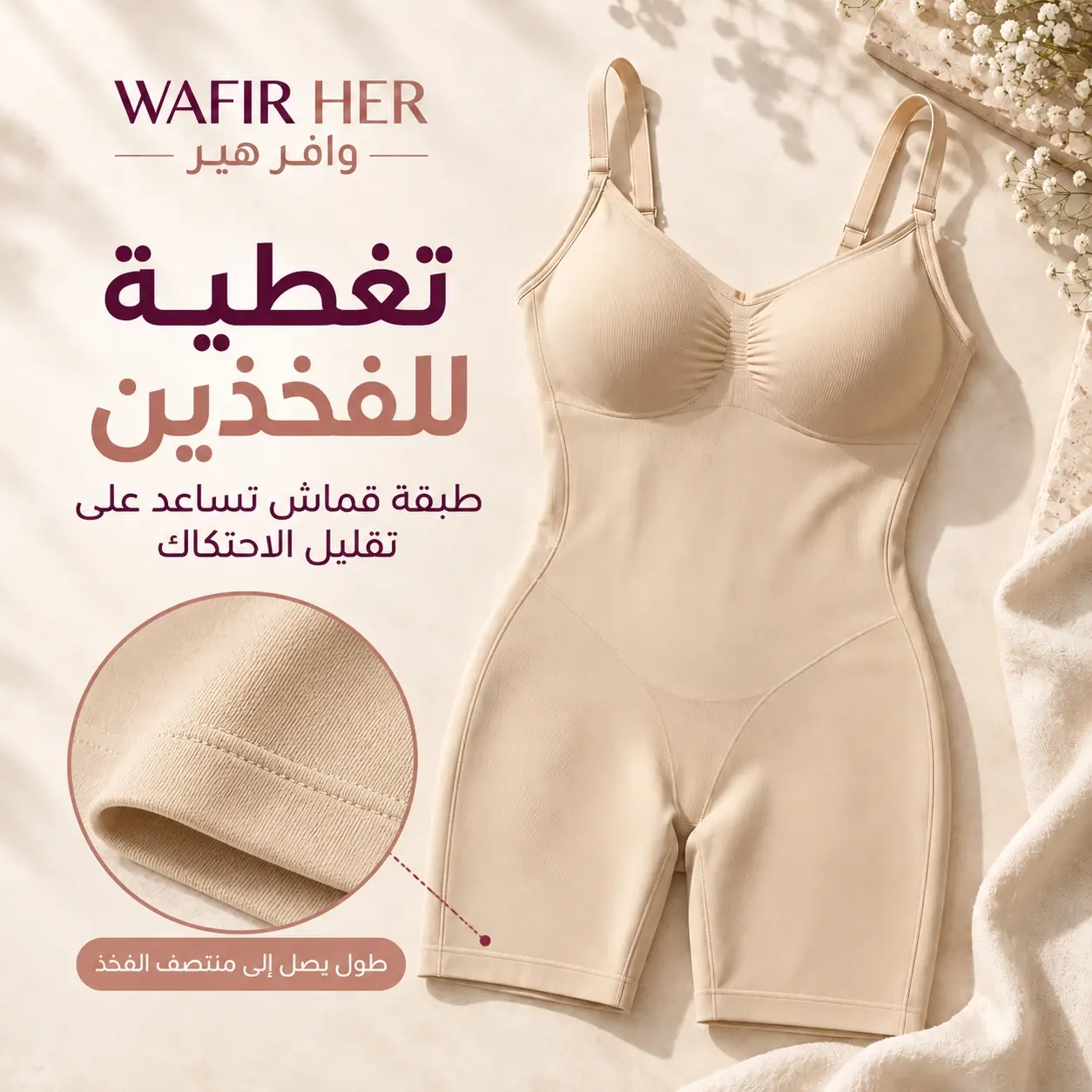 شورت البودي حتى منتصف الفخذ مع تفاصيل القماش والحافة