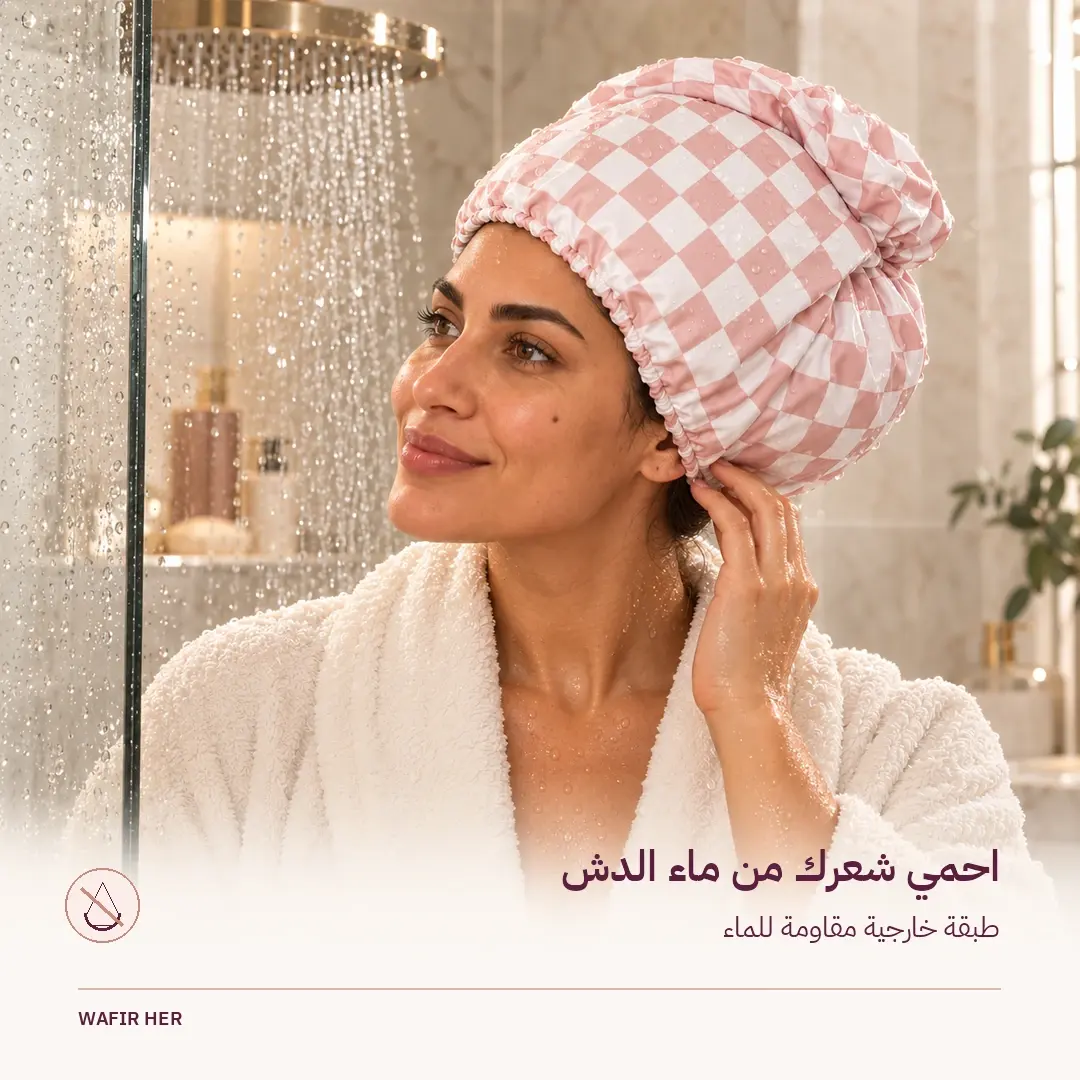 قطرات الماء على الطبقة الخارجية لقبعة الاستحمام الوردية أثناء ارتدائها