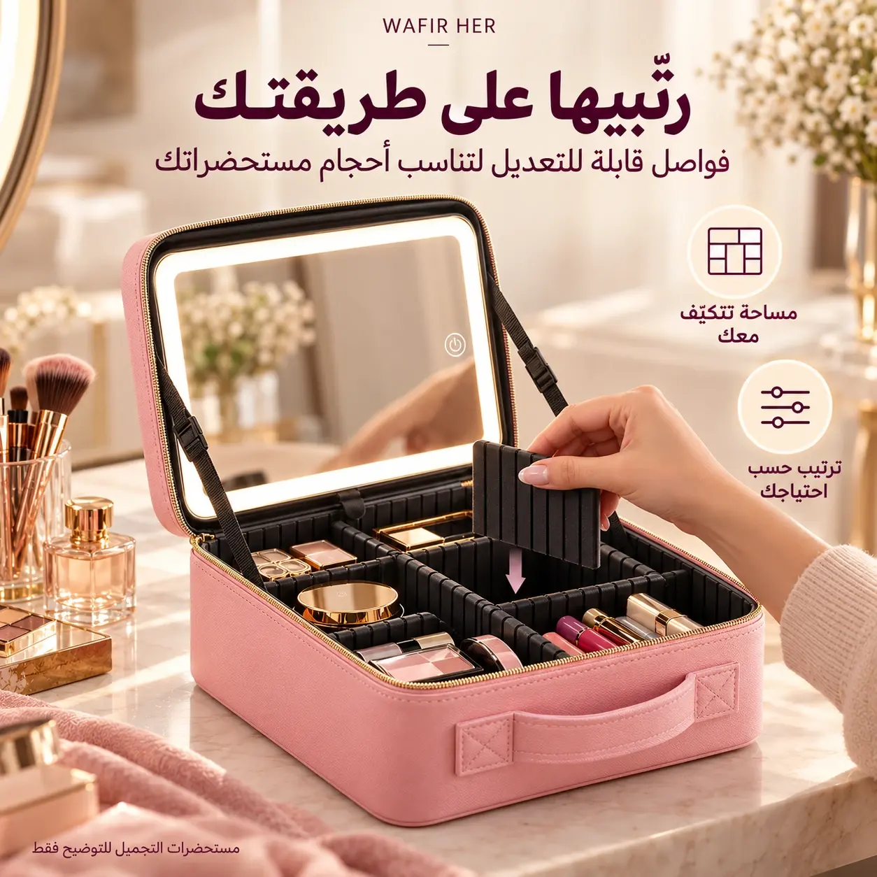 ضبط الفواصل الداخلية للحقيبة الوردية لتناسب أحجام مستحضرات التجميل