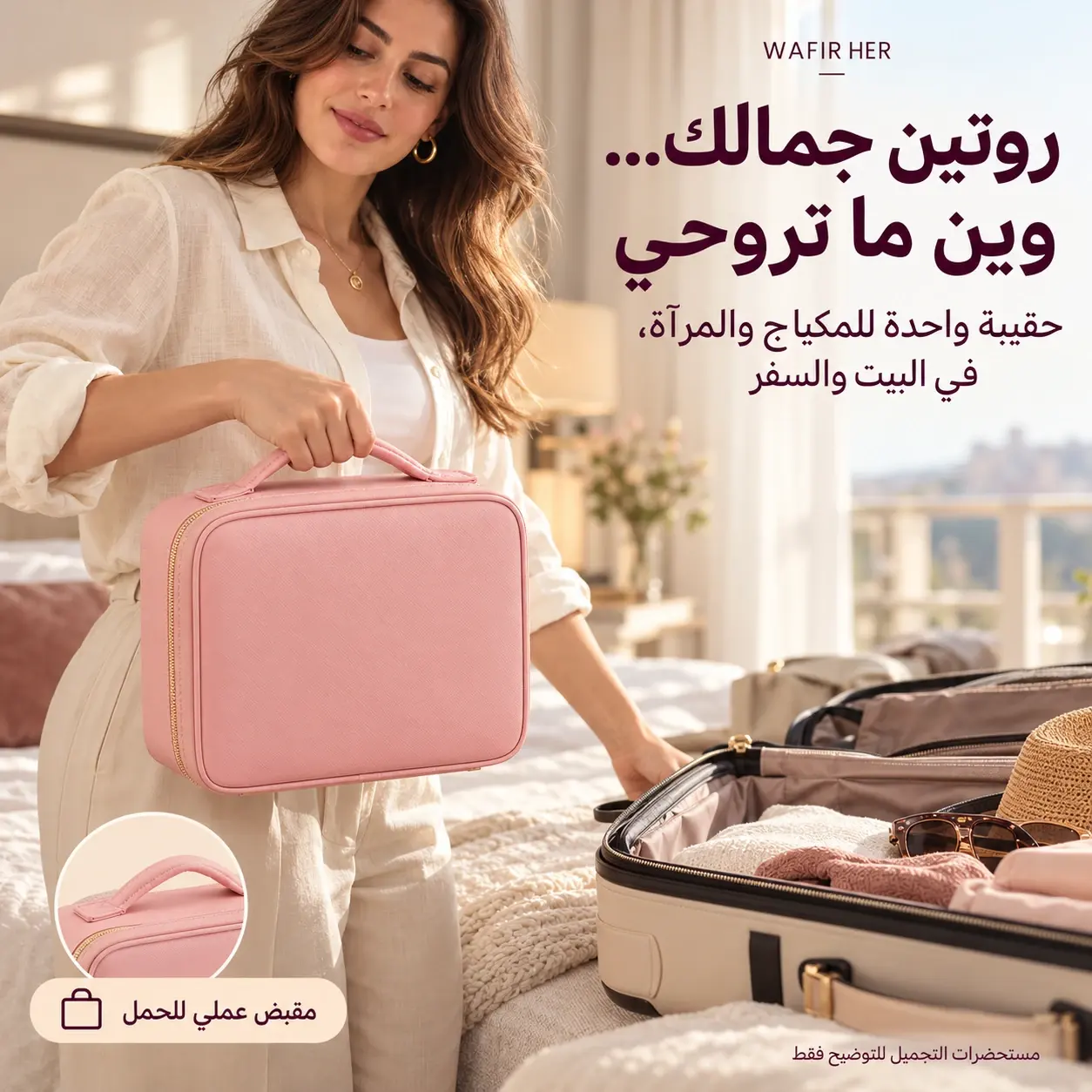 حمل حقيبة المكياج الوردية بمقبضها بجانب حقيبة السفر