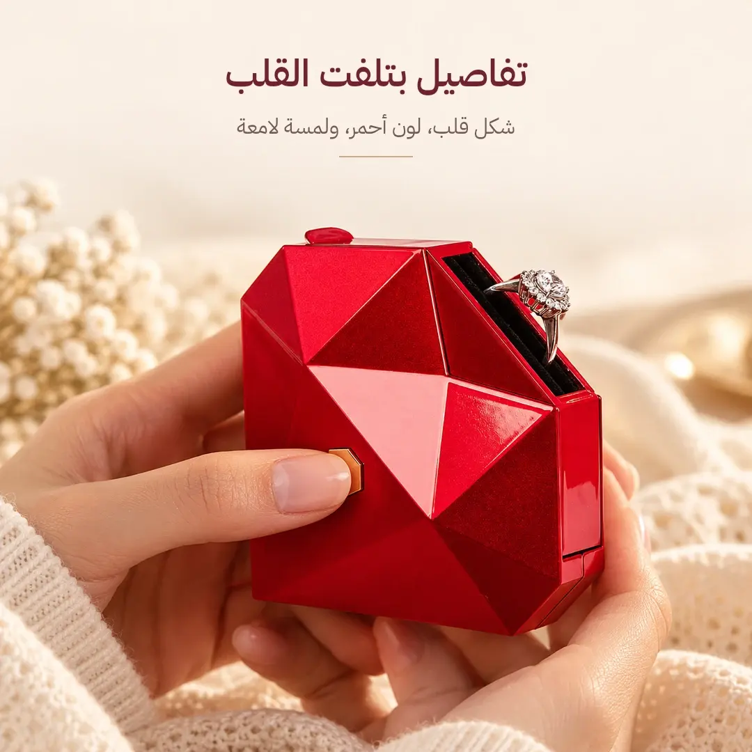 تفاصيل التصميم الهندسي اللامع لعلبة القلب الحمراء وحامل الخاتم