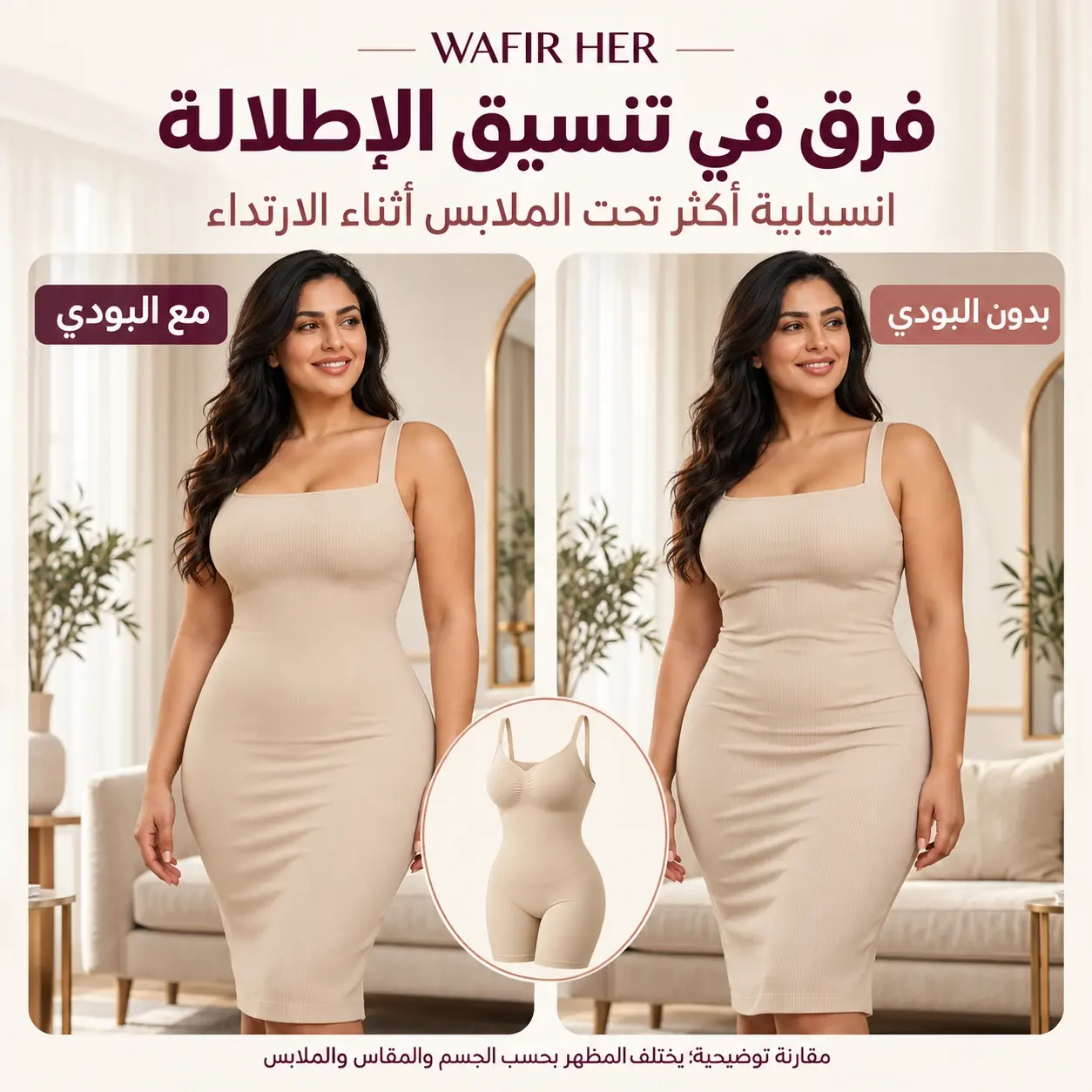 مقارنة توضيحية لتناسق الملابس مع البودي وبدونه؛ يختلف المظهر بحسب الجسم والمقاس والملابس