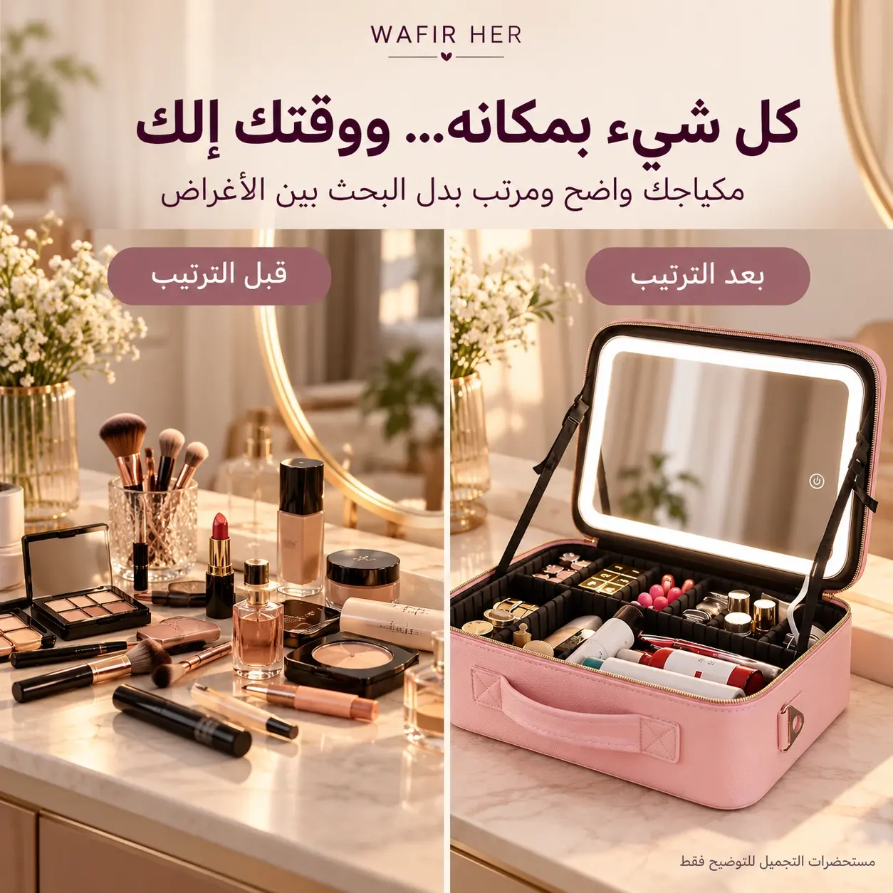 مقارنة أدوات المكياج قبل ترتيبها وبعد تنظيمها داخل الحقيبة الوردية؛ مستحضرات التجميل للتوضيح فقط