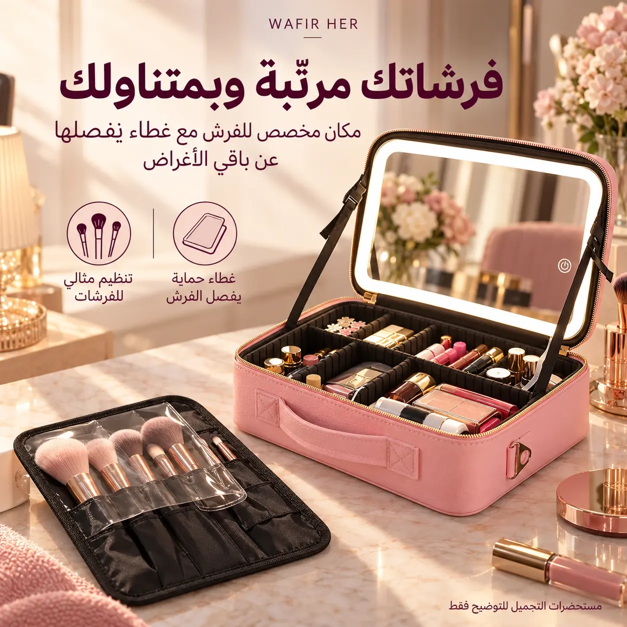 مكان مخصص لفرش المكياج مع غطاء يفصلها عن باقي الأغراض داخل الحقيبة